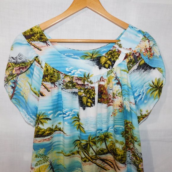 Puanani RJC Hawaii Womens L Rayon Hawaiian Dress MuuMuu Island Ocean Print Blue - Picture 2 of 11